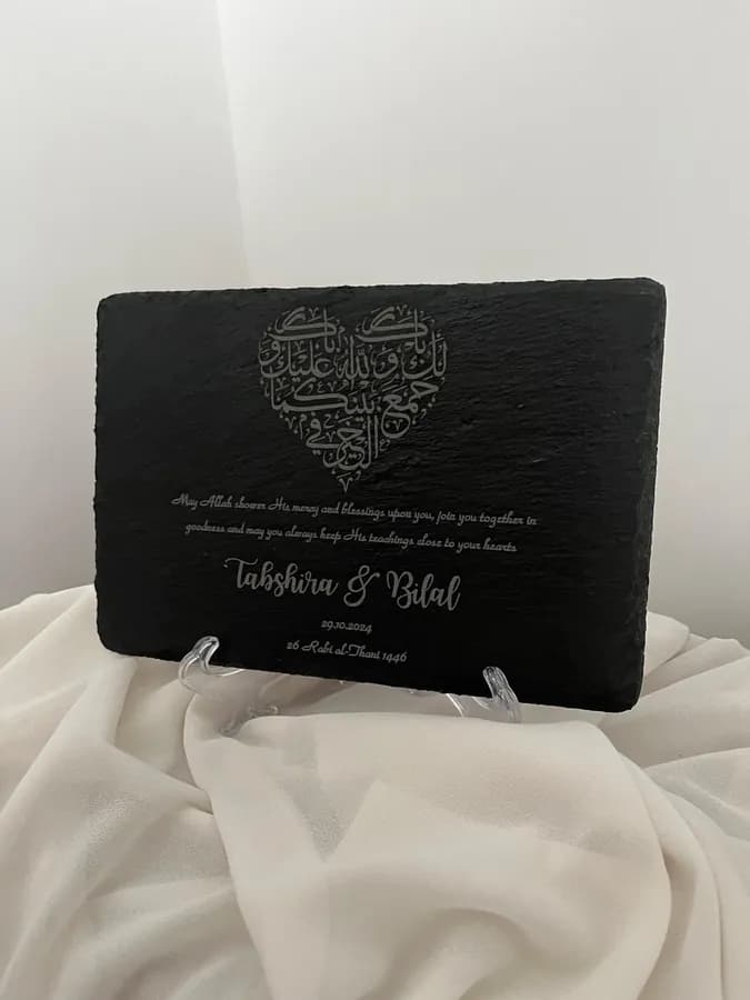 Wedding blessing slate on a clear stand