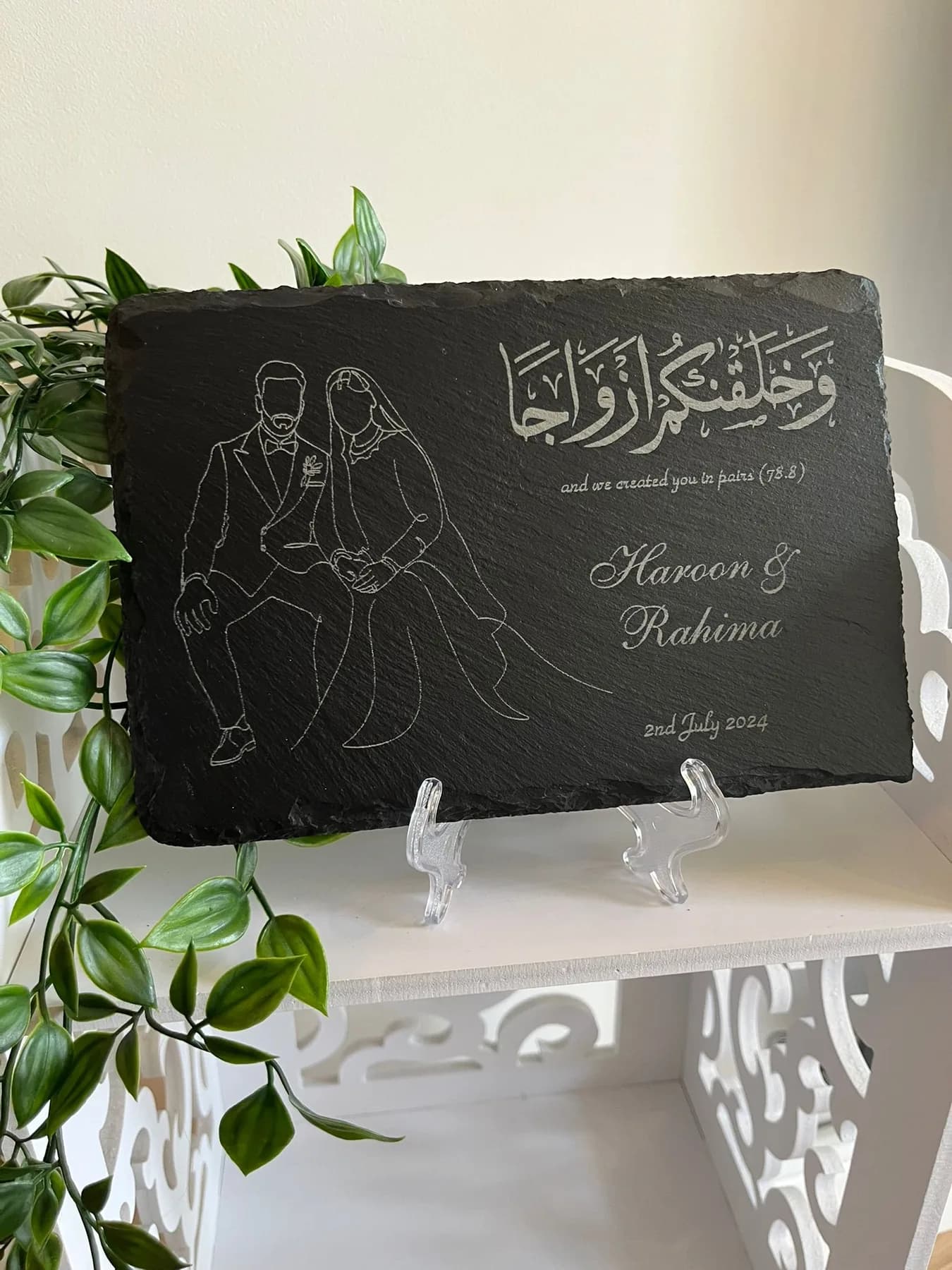 Wedding slate engraved with two names and a date